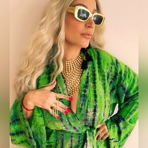 GYPSY GREEN SUSTAINABLE LUXURY TIEDYE KIMONO MINI W BELT & HEADSCARF